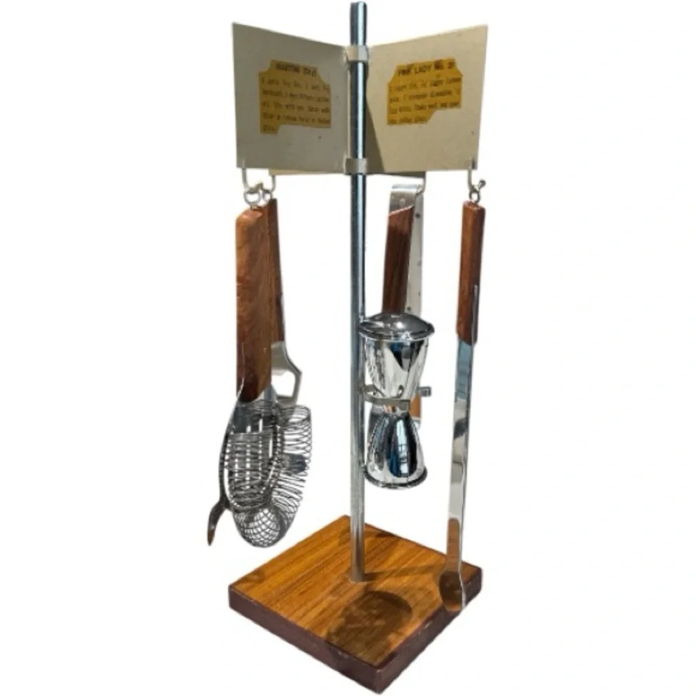 MCM Vintage Bar Accessory Set on Stand with Drink Recipe Cards